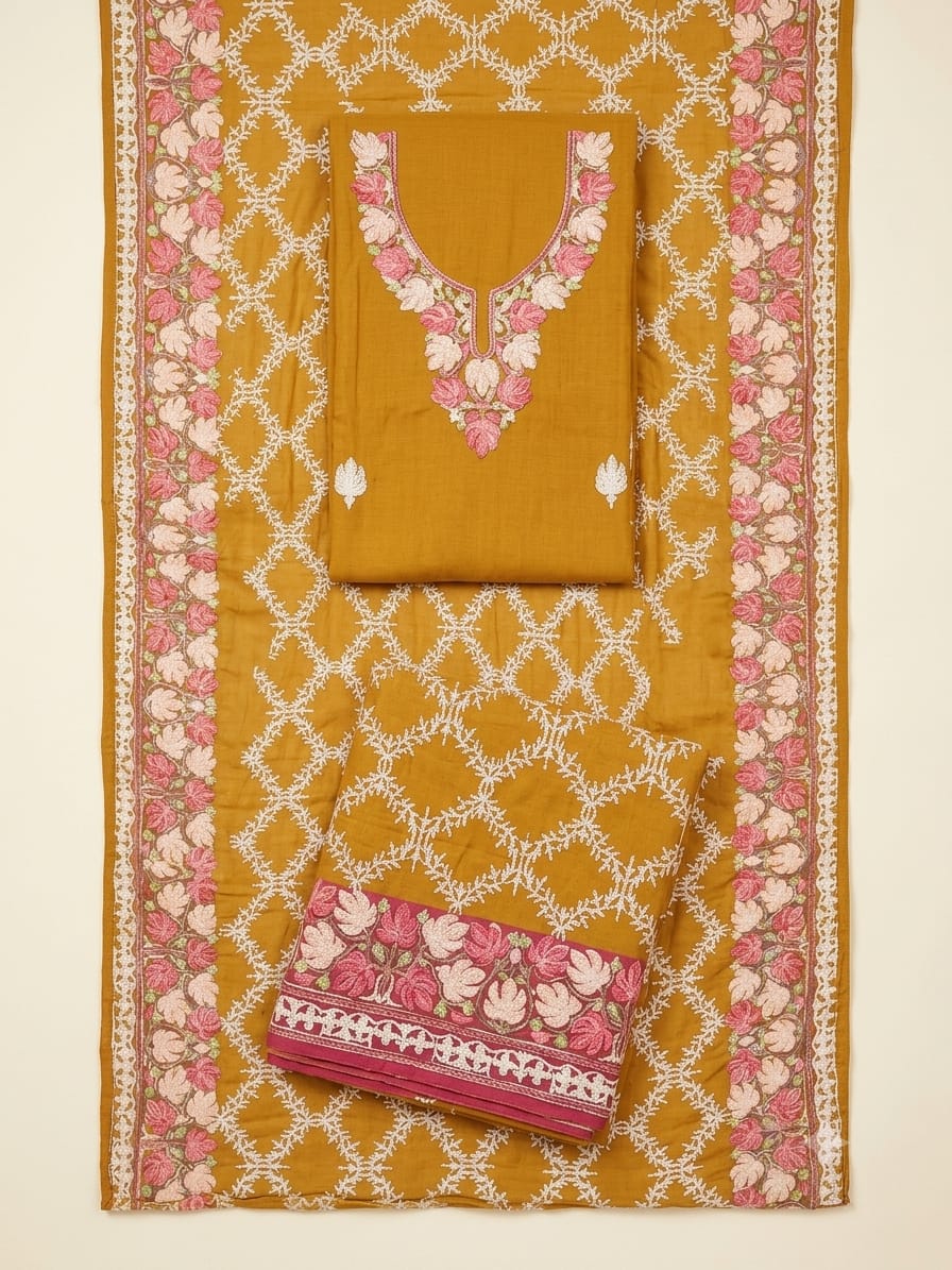 Kashida Wear Mustard Yellow Embroidered Unstitched Suit Set
