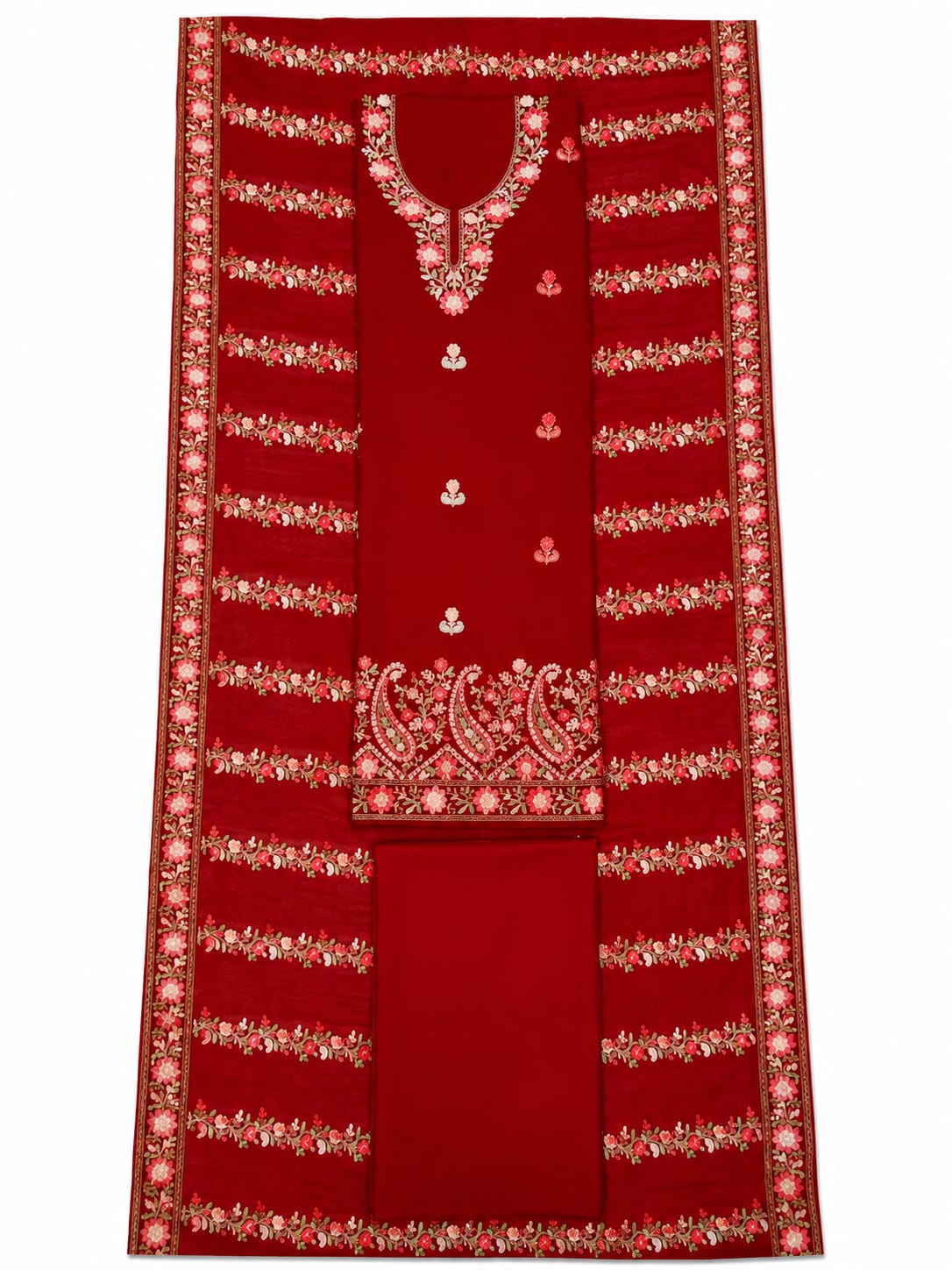 Kashida Wear Red Embroidered Unstitched Suit Set