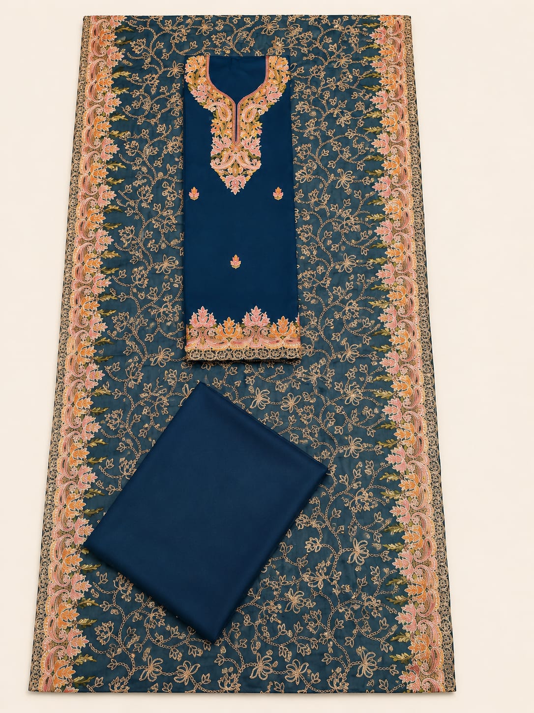Kashida Wear Navy Blue Embroidered Unstitched Suit Set