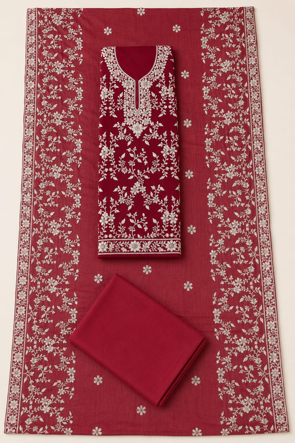 Kashida Wear Red Embroidered Unstitched Suit Set