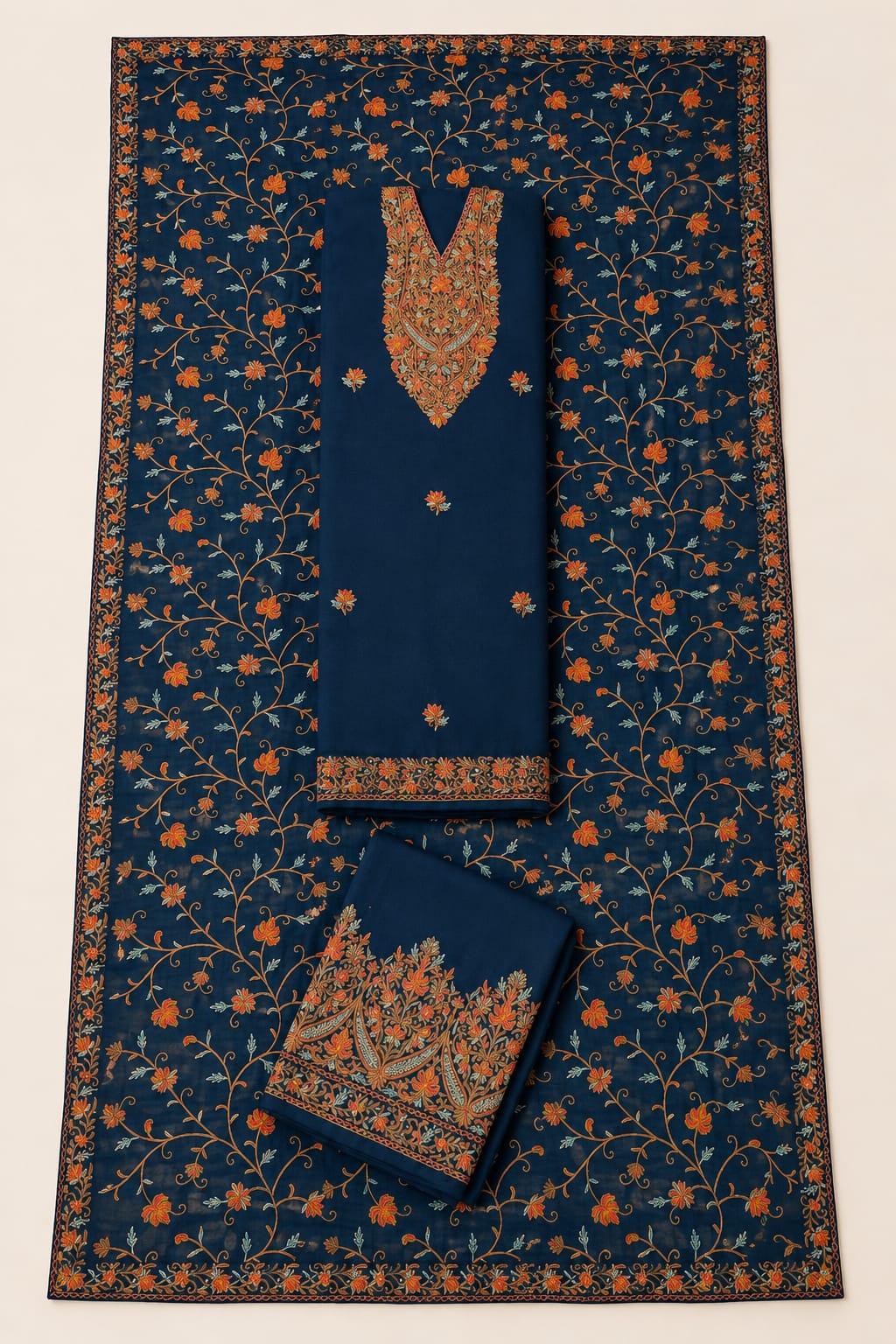 Kashida Wear Premium Navy Blue Embroidered Unstitched Suit Set