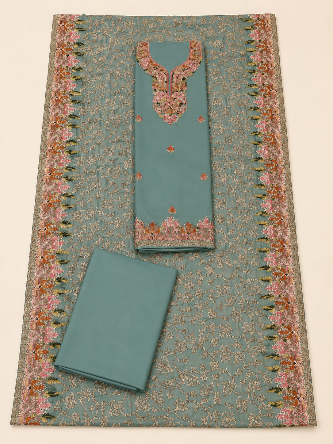 Kashida Wear Sage Blue Embroidered Unstitched Suit Set