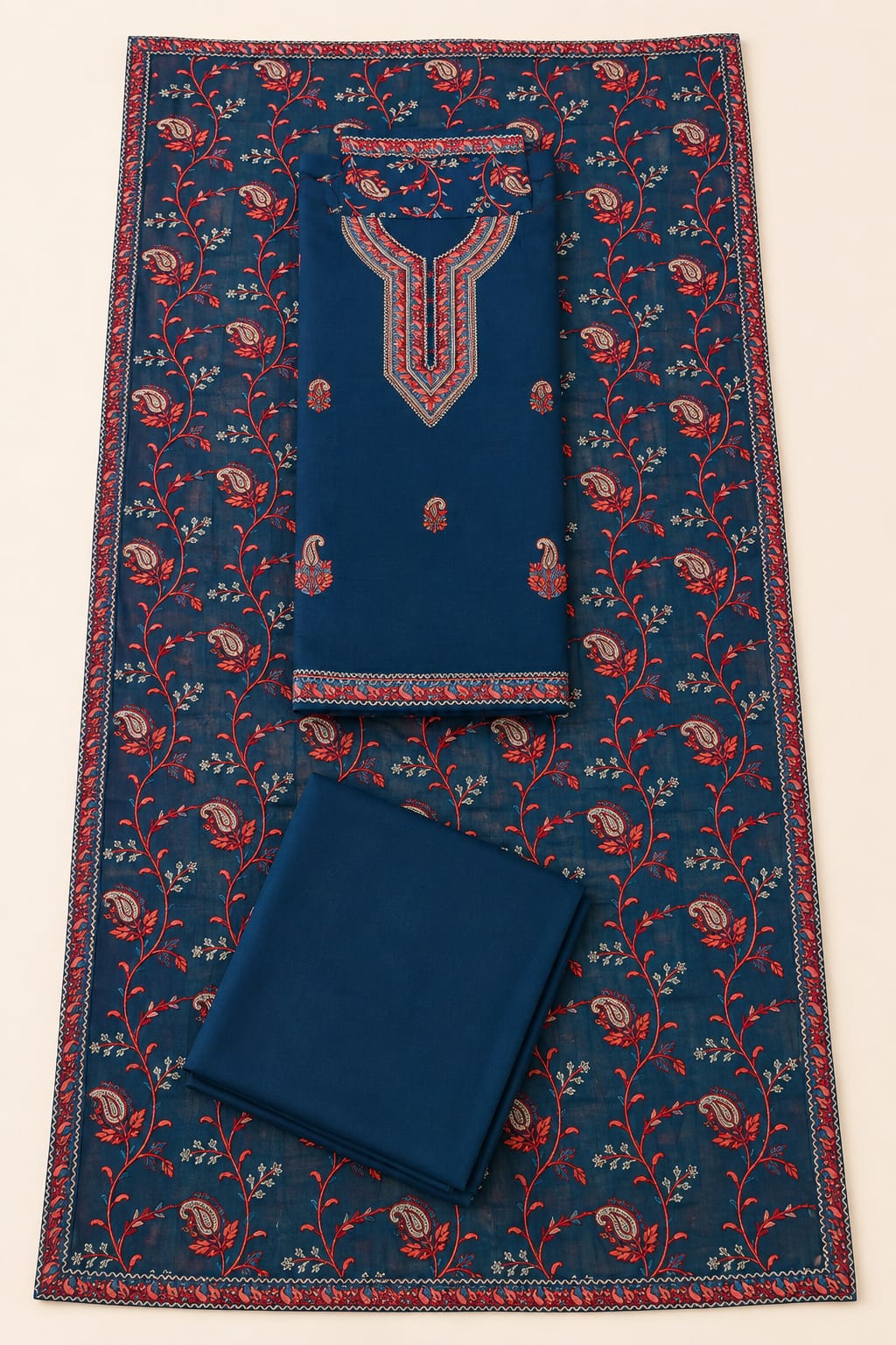 Kashida Wear Premium Teal Blue Embroidered Unstitched Suit Set