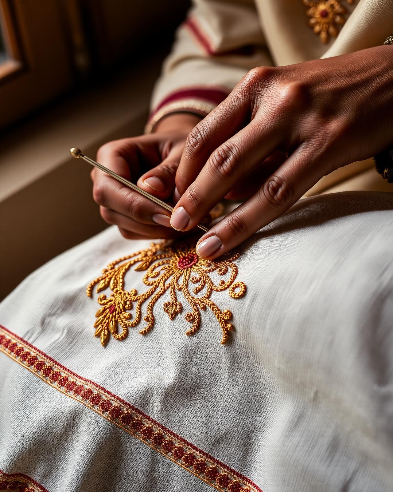 Hands of a Kashmiri artisan embroidering gold Kashida Wear thread on cream pashmina